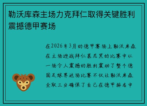 勒沃库森主场力克拜仁取得关键胜利震撼德甲赛场
