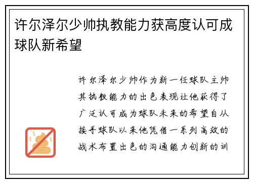 许尔泽尔少帅执教能力获高度认可成球队新希望